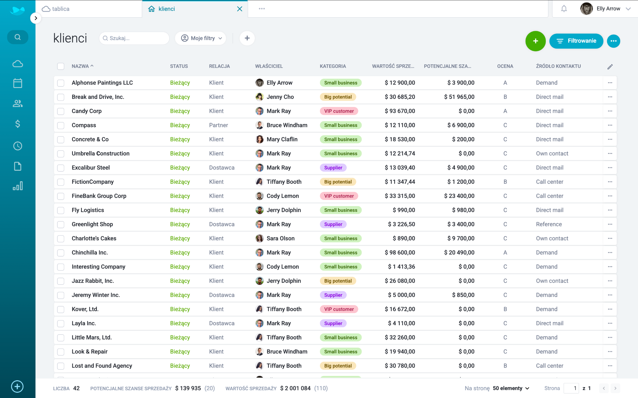 Lista klientów – pełny widok kontaktów