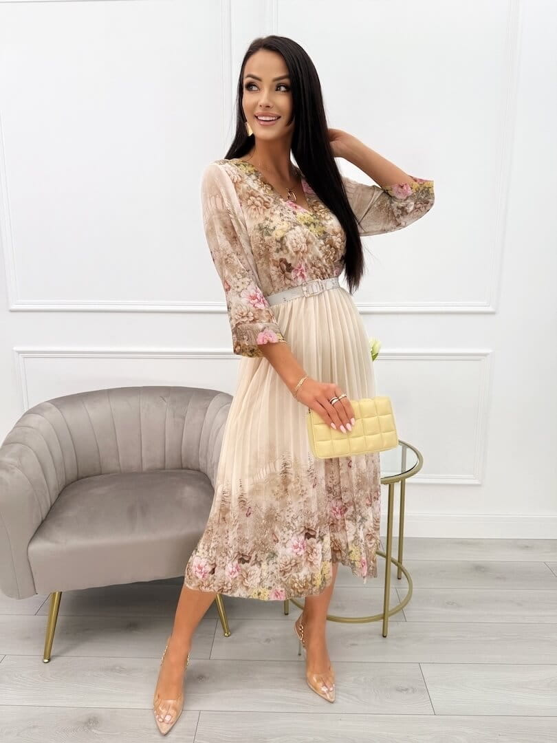 sukienka w kwiaty bezowa plisowana na Wielkanoc