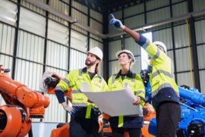 Specjaliści planują demontaż maszyn w zakładzie produkcyjnym